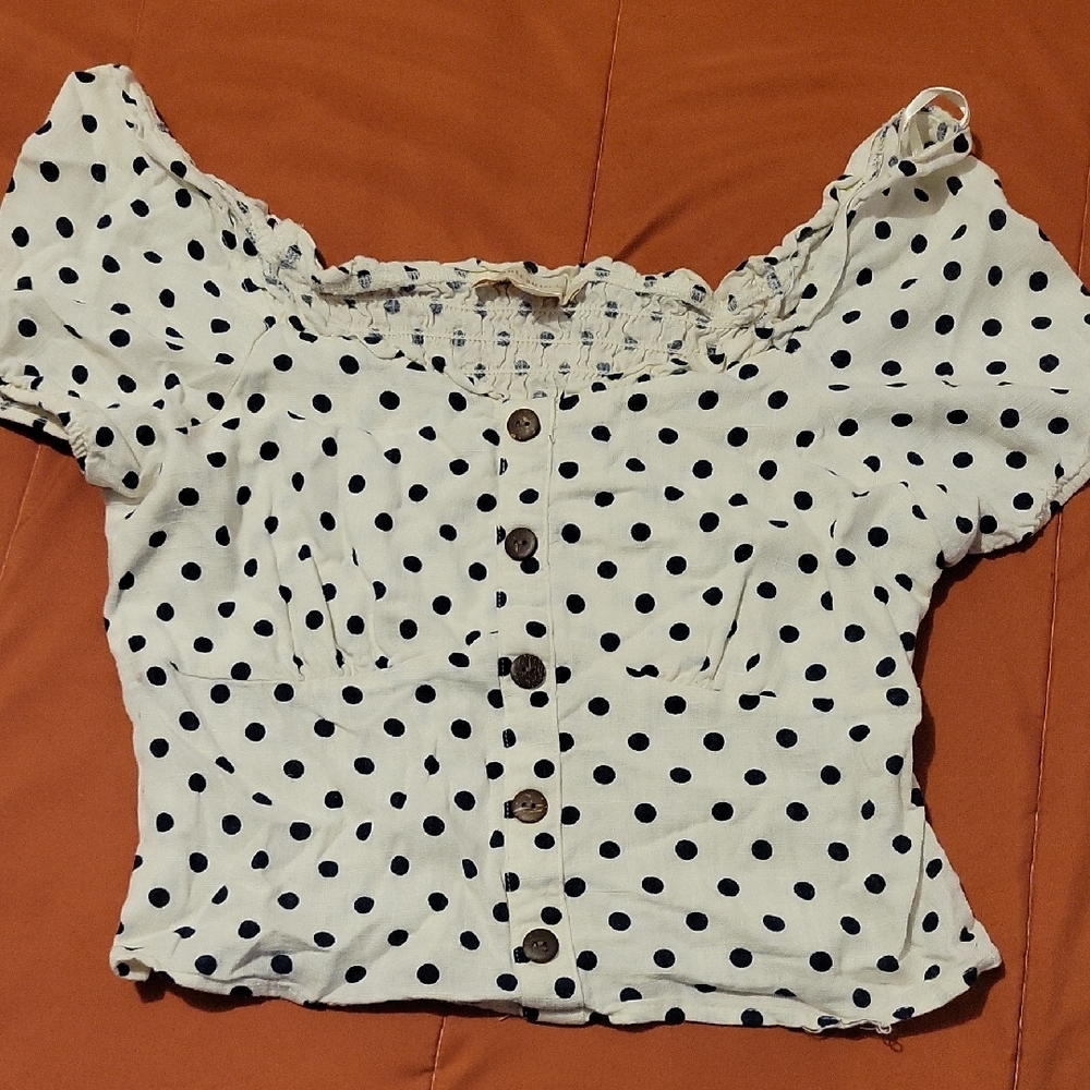Monteau Blue and White Polka Dot Blouse